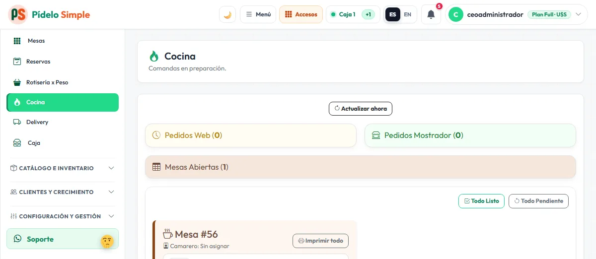 Cocina: pedidos de web, mostrador y mesas