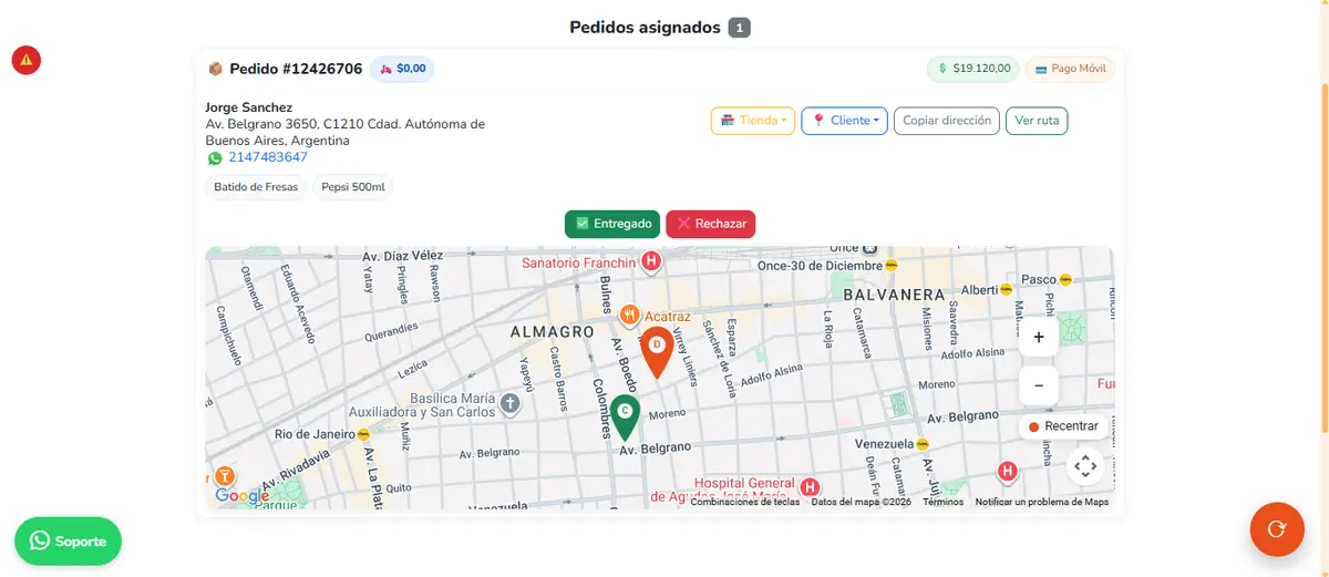 Vista del delivery: app/repartidor