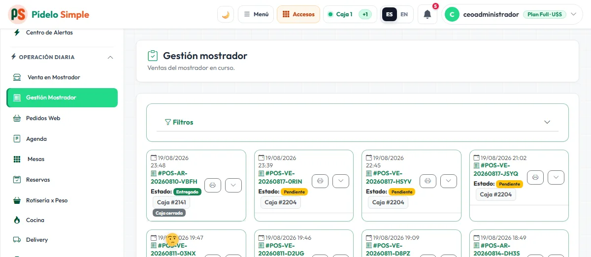 Gestión de mostrador: operación