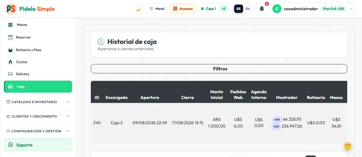 Historial: caja, mesas y mostrador