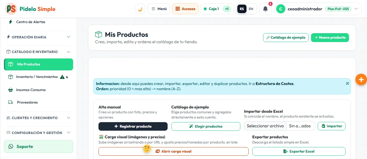 Productos: catálogo centralizado