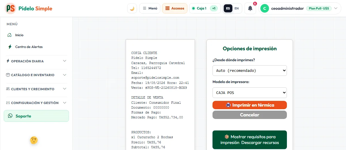 Ticket y comanda: impresión