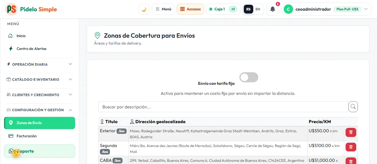 Zonas de entrega: por km y fija
